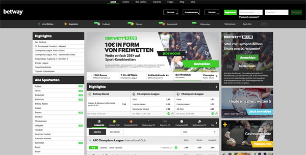 Betway Wettprogramm Homepage