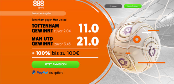 888sport Tottenham - Man United Wetten mit erhöhter Quote