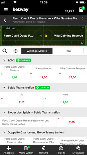 Betway App iOS Android Livewetten Quotenänderung