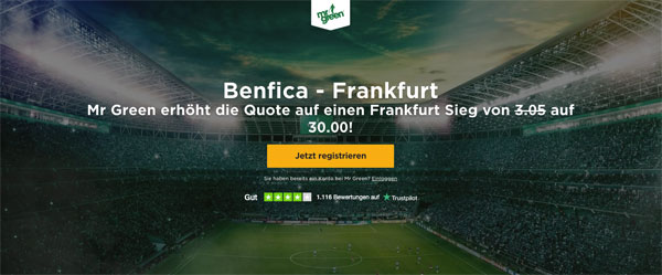 Mr Green Quotenboost Benfica - Eintracht Frankfurt Wette