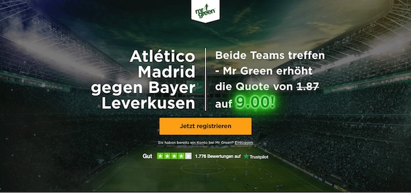 Mr Green Atletico Madrid Bayer Leverkusen Quotenboost wetten