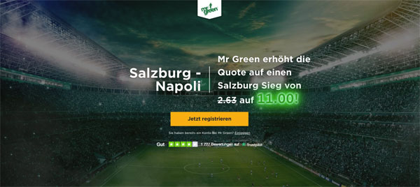 Mr Green verbesserte Quote Salzburg besiegt Napoli Wetten