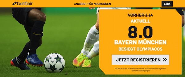 Betfair Bayern München Olympiakos Piräus Quotenboost wetten