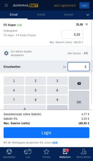 AdmiralBet App Wettschein Livewetten